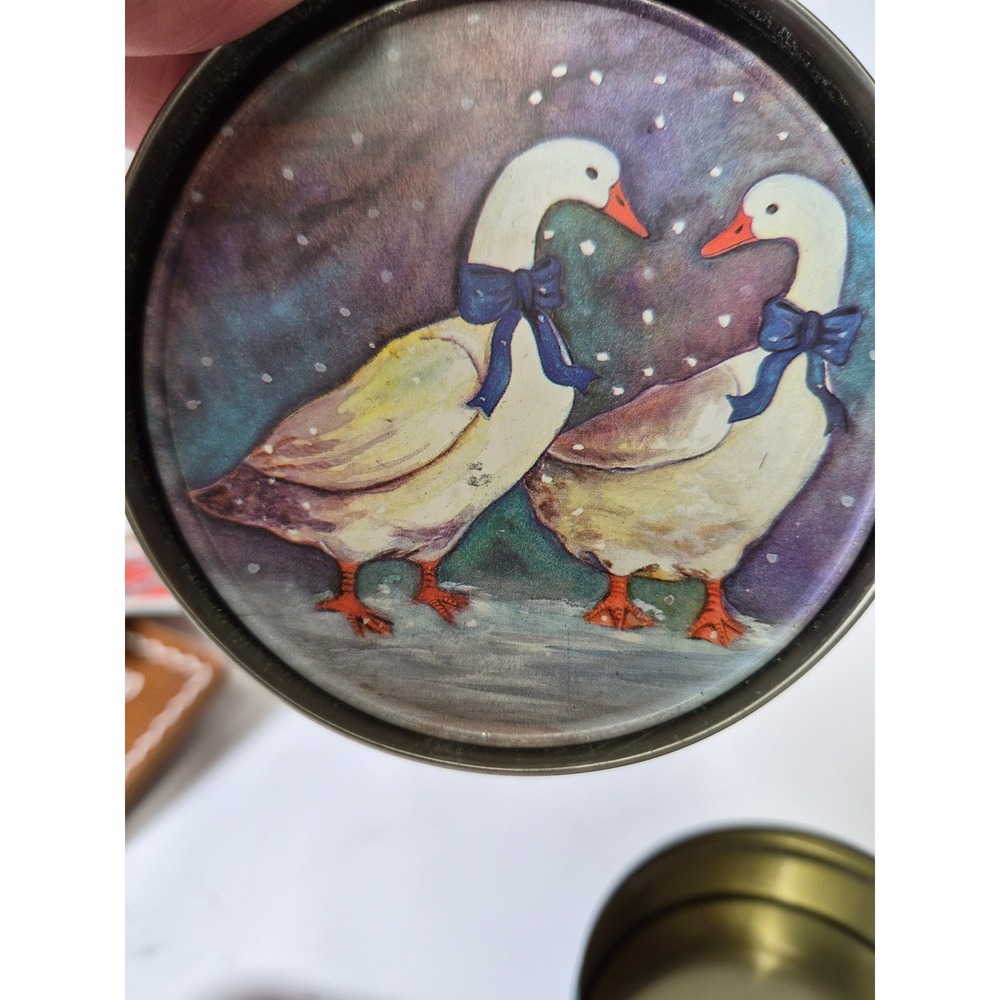 Vintage Goose Winter Scene Coaster Set with Storage Tin 4 Piece Cork Backed